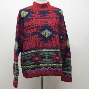 Vintage 1990s Hand Knit Navajo Western Geometric Mock Neck Pullover Sweater L